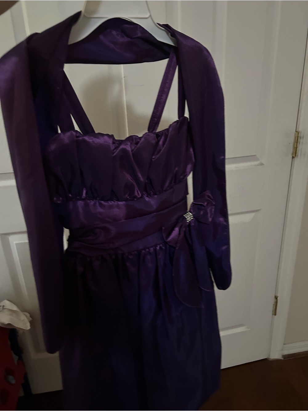 Girls Purple Satin Formal Dress with Sash and Shawl